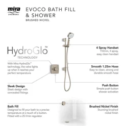 Mira Evoco Dual Outlet Brushed Nickel Thermostatic Mixer Shower With Bathfill
