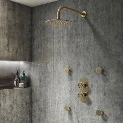 Arezzo Brushed Brass Industrial Style Round Modern Twin Concealed Shower Valve With Diverter