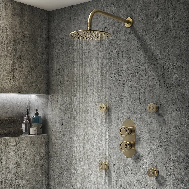 Arezzo Brushed Brass Industrial Style Round Modern Twin Concealed Shower Valve With Diverter 3 Arezzo Brushed Brass Industrial Style Round Modern Twin Concealed Shower Valve With Diverter