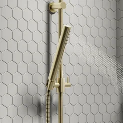 Arezzo Brushed Brass Round Bar Shower Valve Incl. Slide Rail Kit With Pencil Handset