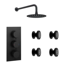 Arezzo Matt Black Round Concealed Triple Shower Valve With Fixed Head + 4 Body Jets