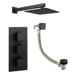 Arezzo Square Matt Black 2 Outlet Shower System (Fixed Shower Head + Overflow Bath Filler)