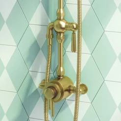 Arezzo Brushed Brass Dual Exposed Valve With Rigid Riser Kit, 195mm Shower Head, Handshower & Diverter -Triton Sales Store azsv4bberk2 d1