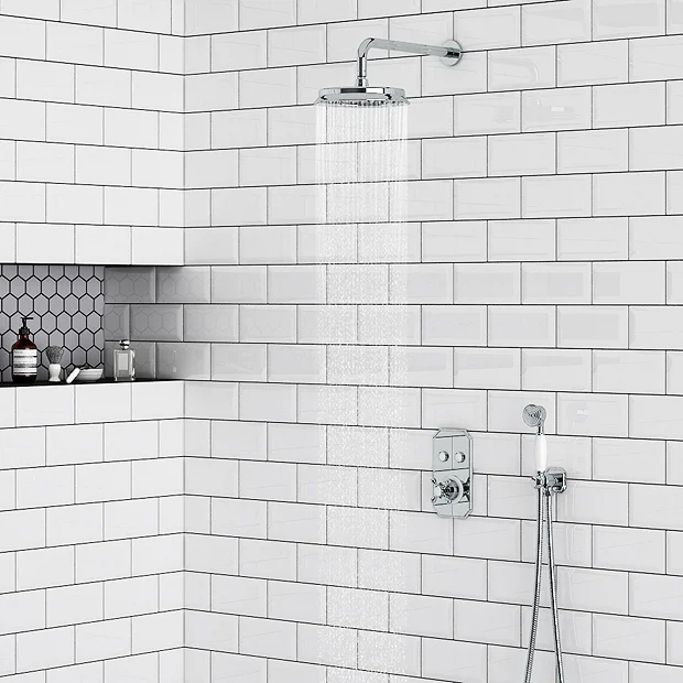 Chatsworth 1928 Traditional Push-Button Shower Valve Pack With Handset + Rainfall Shower Head 3 Chatsworth 1928 Traditional Push-Button Shower Valve Pack With Handset + Rainfall Shower Head
