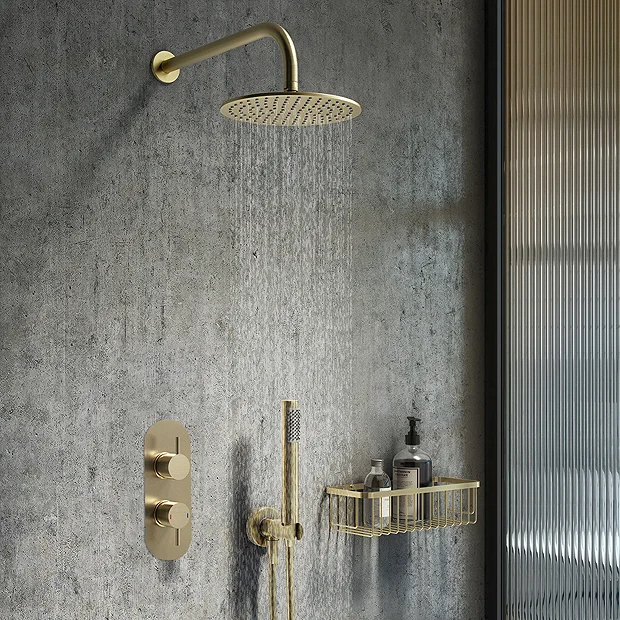 Arezzo Brushed Brass Round Thermostatic Shower Pack With Head + Handset (Oval Backplate) 4 Arezzo Brushed Brass Round Thermostatic Shower Pack With Head + Handset (Oval Backplate) - Image 2