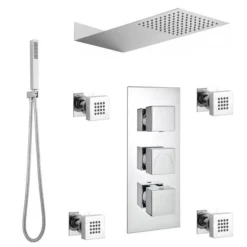 Modern Square Triple Valve With Diverter, Thin Fixed Shower Head, 4 Body Jets + Handset -Triton Sales Store sqsp1 d1