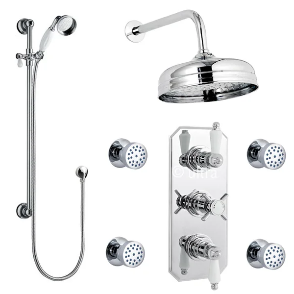 Traditional Triple Concealed Shower Valve With Diverter, 8" Fixed Shower Head, 4 Body Jets & Slider 4 Traditional Triple Concealed Shower Valve With Diverter, 8" Fixed Shower Head, 4 Body Jets & Slider - Image 2